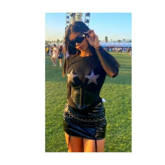 New Small Black Starry Night Sheer Jewel Long Sleeve Mesh Silver Long Sleeve Top - Picture 4 of 6